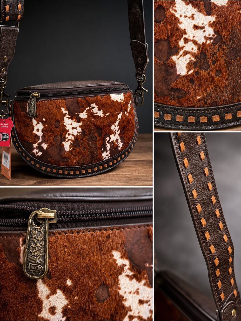 Justin Boots Brown & White Cowhide Leather Crossbody Bag - Picture 3 of 5
